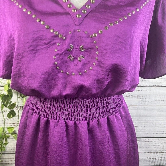 Laundry Shelli Segal Dress Small Purple Sequins Boho Floral Embroidery Knee - Picture 4 of 14